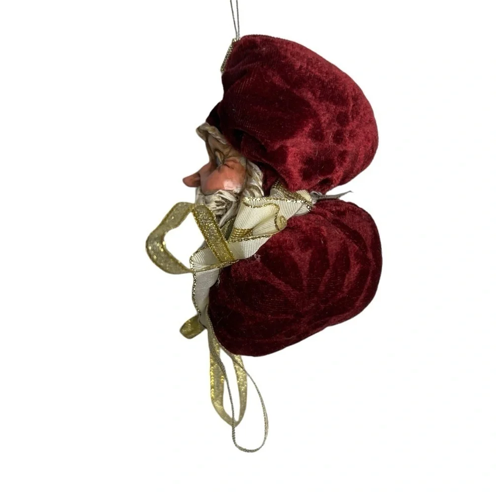 Santa Head Ornament Red Velvet Ceramic Jester? Baker? Big Eyes Gold Ribbon VTG